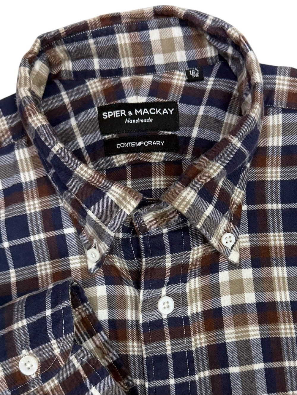 Spier & Mackay Shirt Mens Large Brown Blue Flannel Handmade Button Long Sleeve